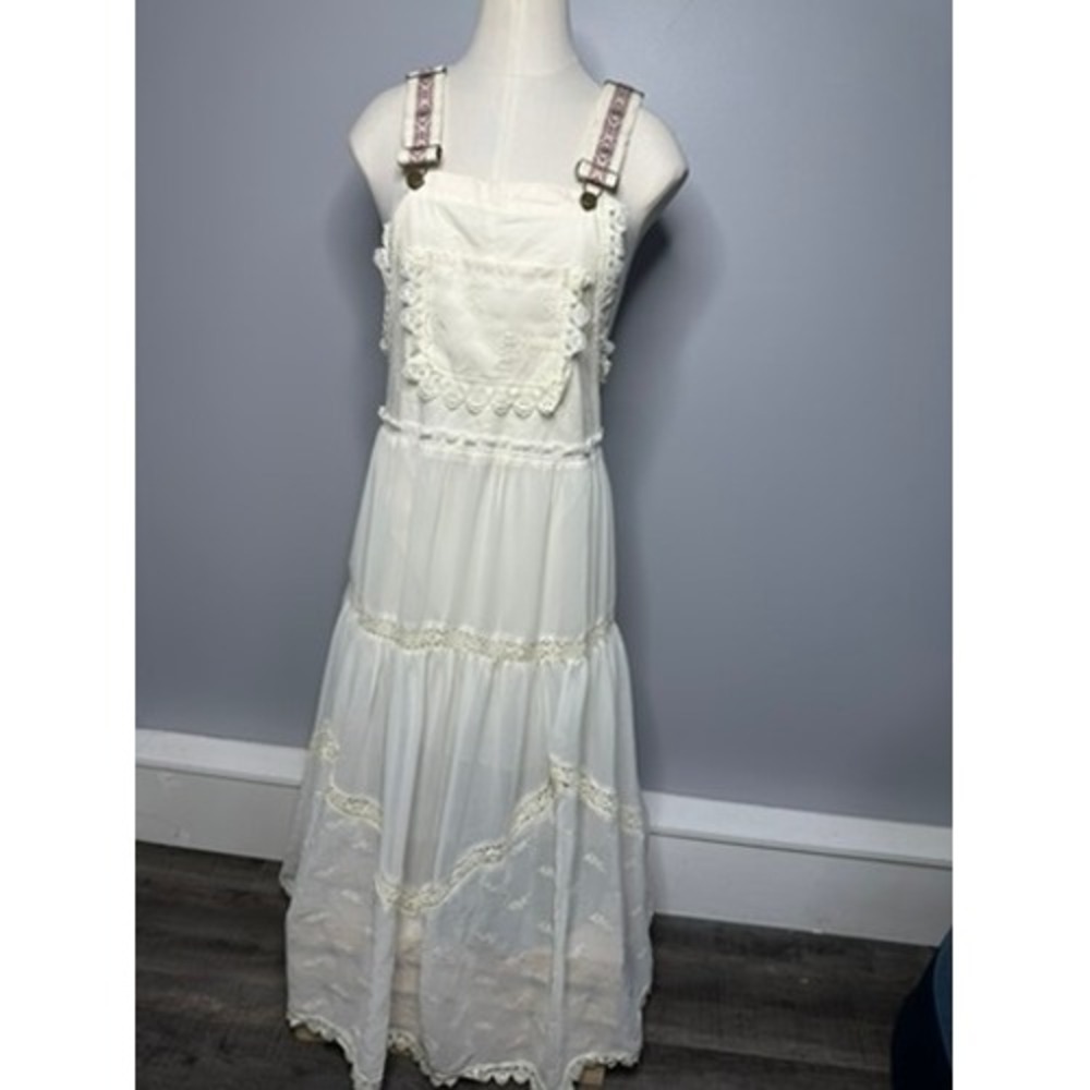 Boho Ivory Lace Tiered Overall Maxi Dress Embroidered Cottagecore Cream Medium
